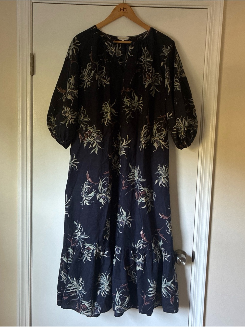 Ann Mashburn navy blue floral linen/cotton maxi dress with pockets size M